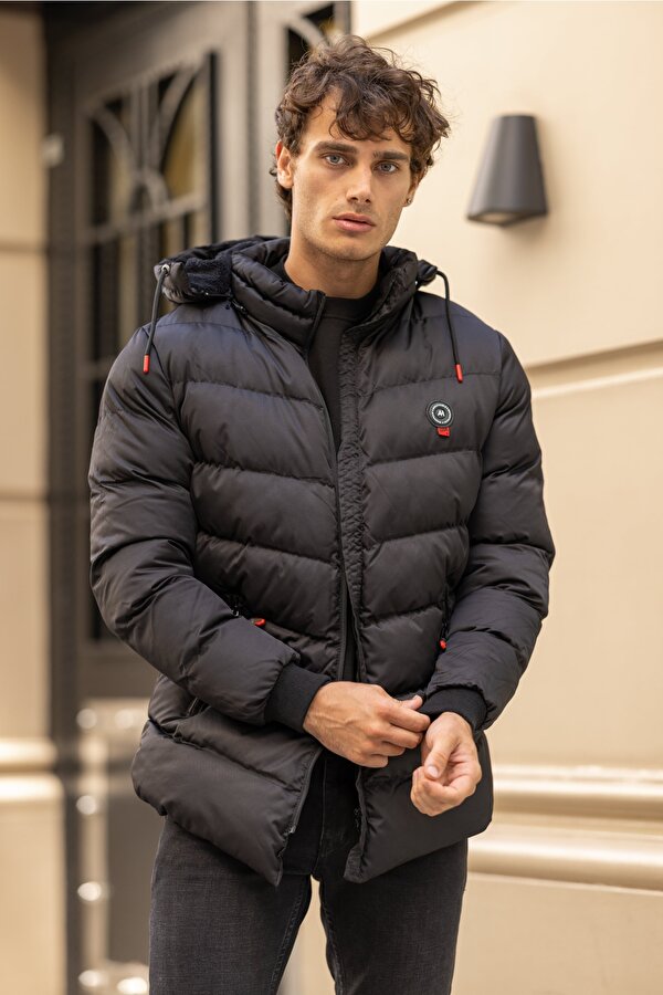 DECAS MAGELLAN Su Geçirmez Dik Yaka Kürklü Kapüşonlu Erkek Şişme Mont - Siyah