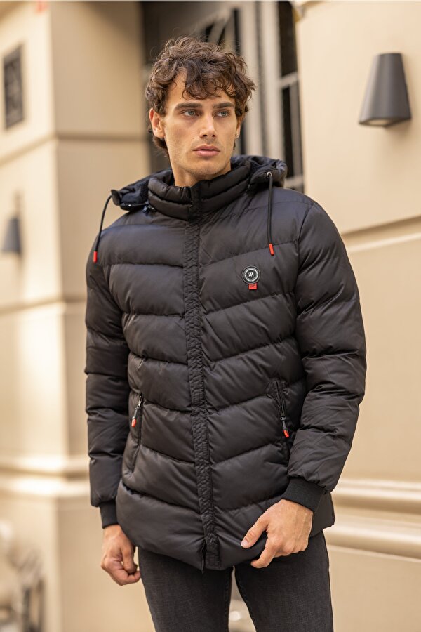 DECAS MAGELLAN Su Geçirmez Dik Yaka Kürklü Kapüşonlu Erkek Şişme Mont - Siyah