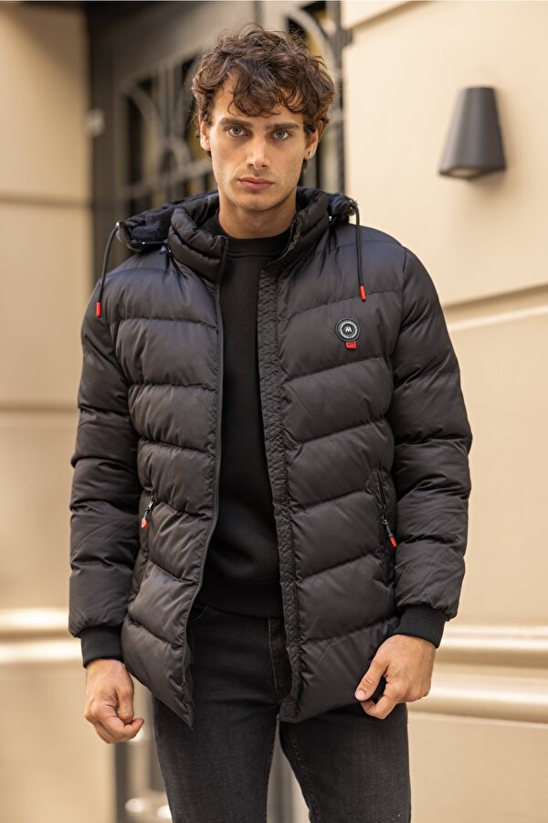 DECAS MAGELLAN Su Geçirmez Dik Yaka Kürklü Kapüşonlu Erkek Şişme Mont - Siyah