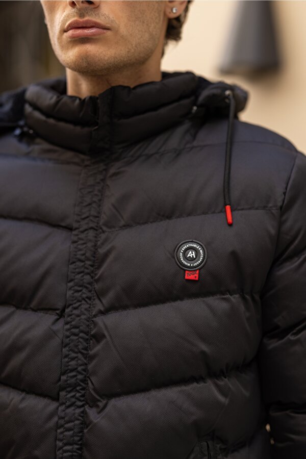 DECAS MAGELLAN Su Geçirmez Dik Yaka Kürklü Kapüşonlu Erkek Şişme Mont - Siyah