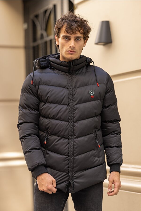 DECAS MAGELLAN Su Geçirmez Dik Yaka Kürklü Kapüşonlu Erkek Şişme Mont - Siyah