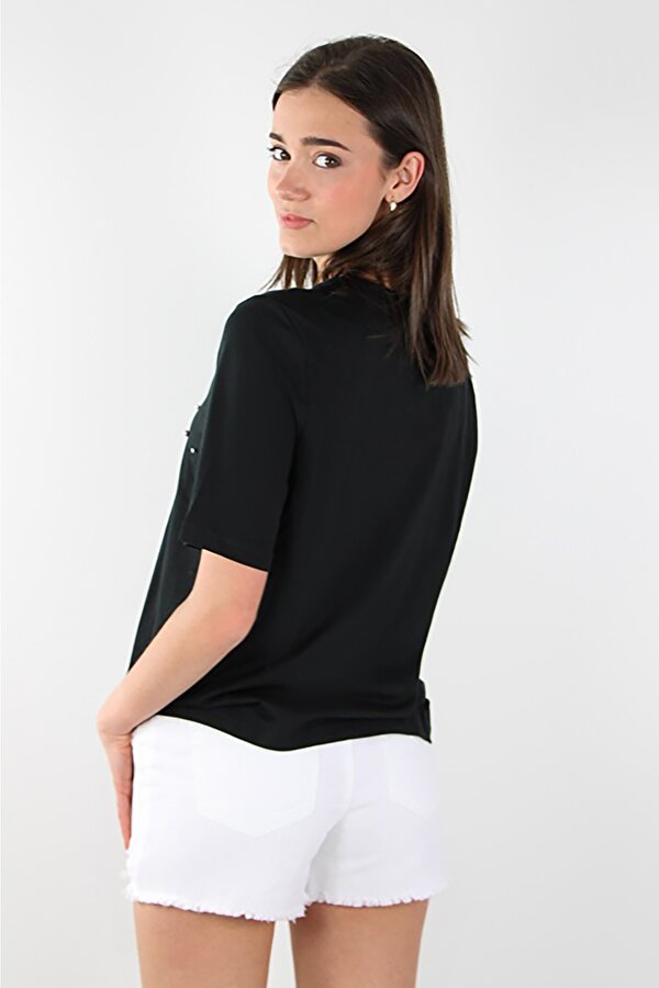 Only Kadın Onljulıa Bisiklet Yaka Taş Detaylı %100 Pamuk T-Shirt 15324847 Siyah