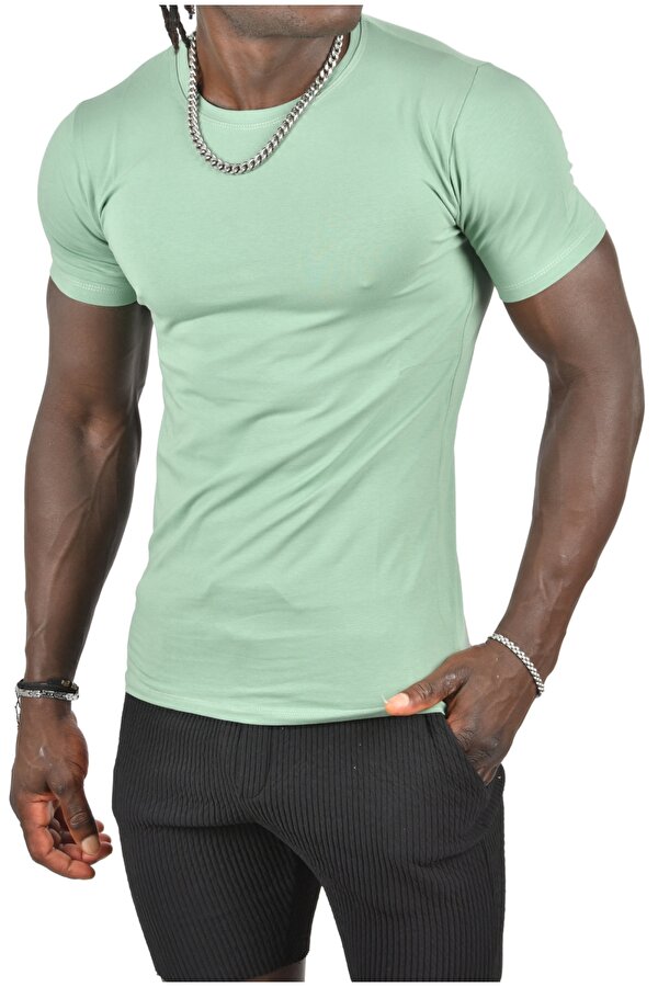 Deep Sea DeepSEA Erkek Yeşil Sıfır Yaka Dar Kesim Basic Tişört 1801131