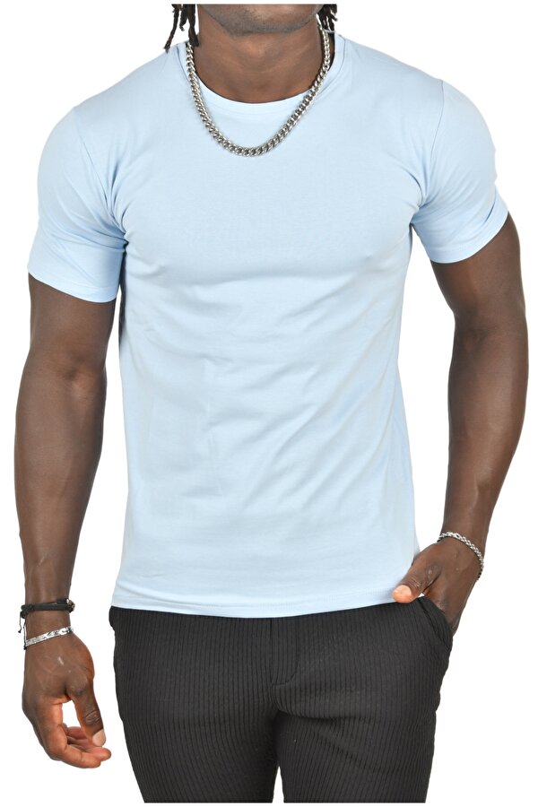 Deep Sea DeepSEA Erkek Açık Mavi Sıfır Yaka Dar Kesim Basic Tişört 1801131