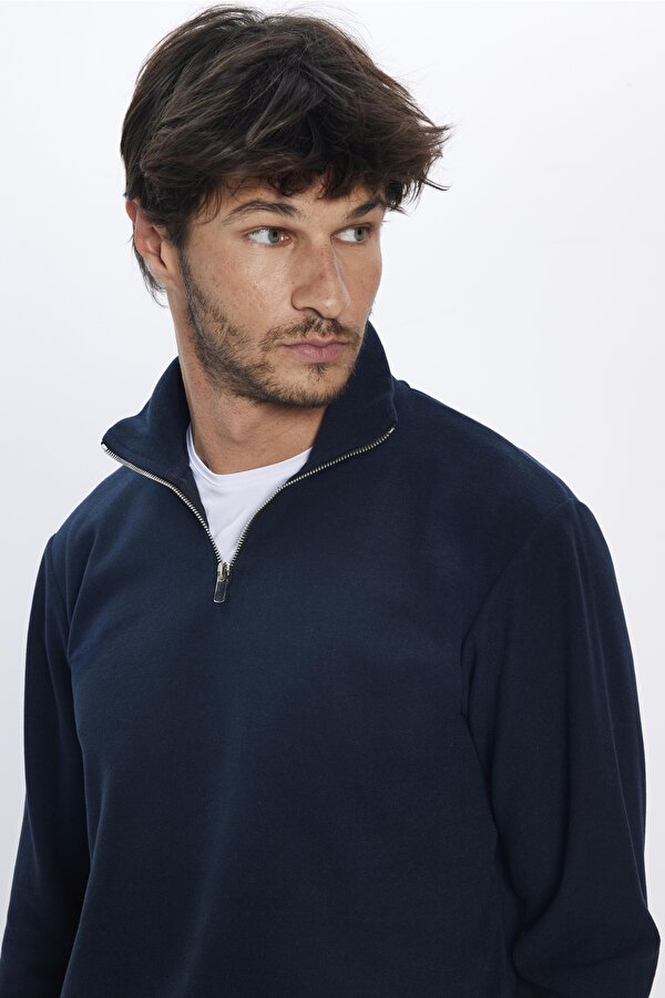 Tudors Erkek Relax Fit Rahat Kesim Pamuklu Lacivert Dik Yaka Sweatshirt