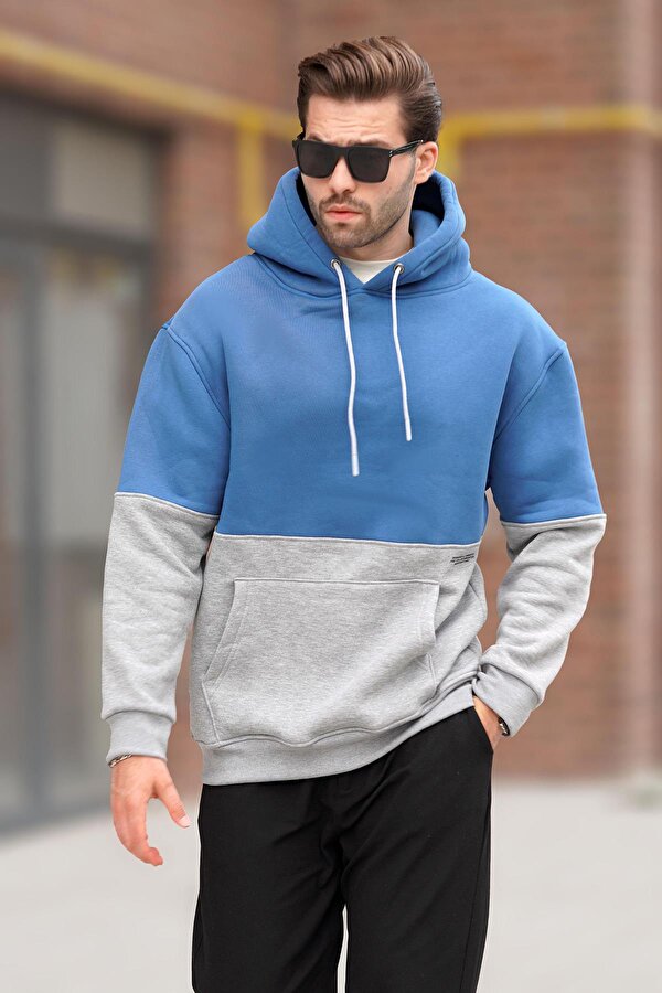 İndigo Kapüşonlu Renk Bloklu Baskı Detaylı Erkek Sweatshirt 7046
