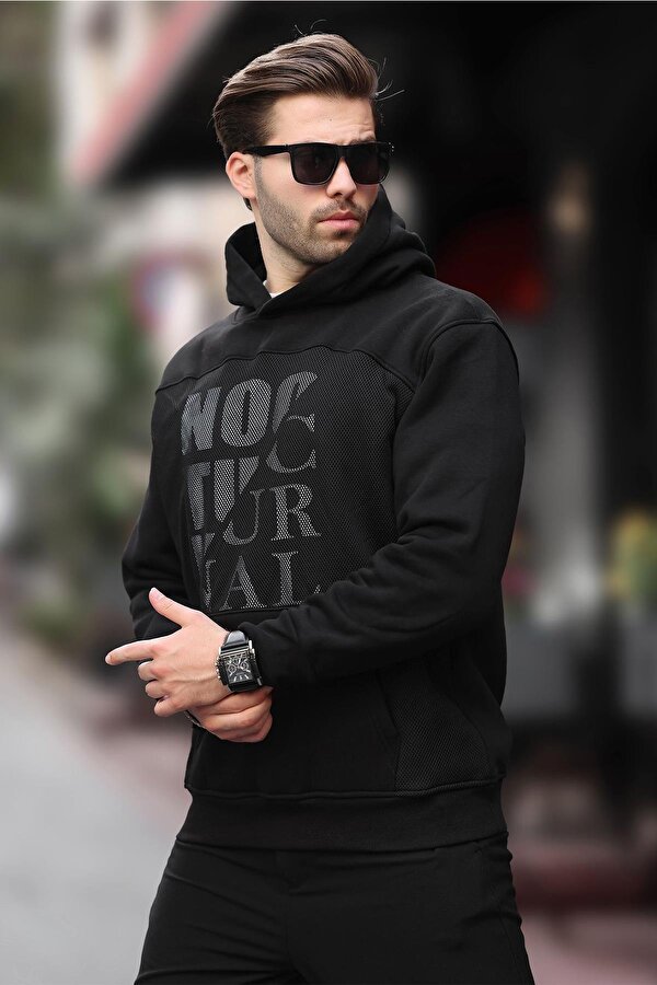 Madmext Siyah Baskılı Kapüşonlu Cep Detaylı Erkek Sweatshirt 7062