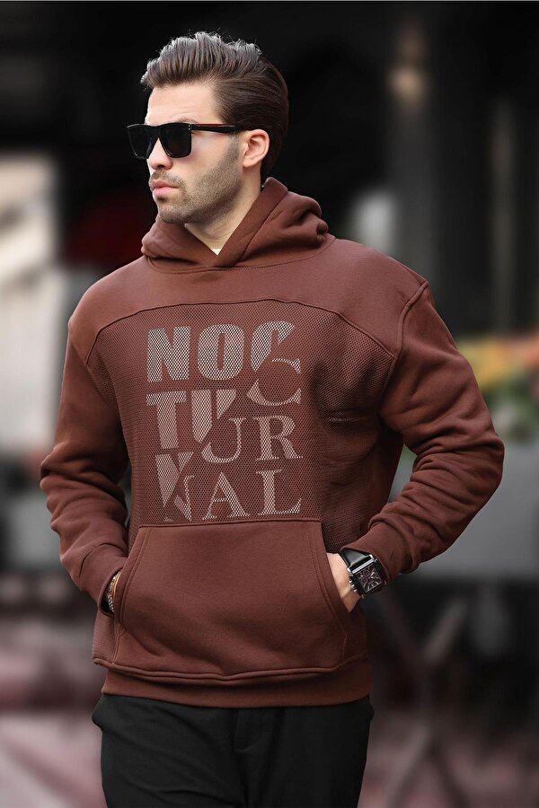 Madmext Acı Kahverengi Baskılı Kapüşonlu Cep Detaylı Erkek Sweatshirt 7062