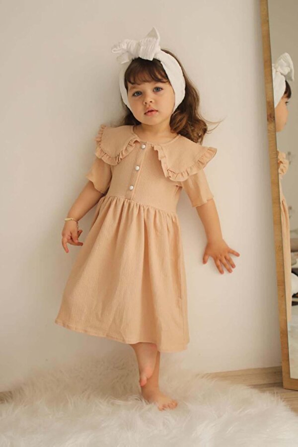 Miniko Kids KIZ ÇOCUK ÖNDEN DÜĞMELİ YAKA MODELLİ ELBİSE