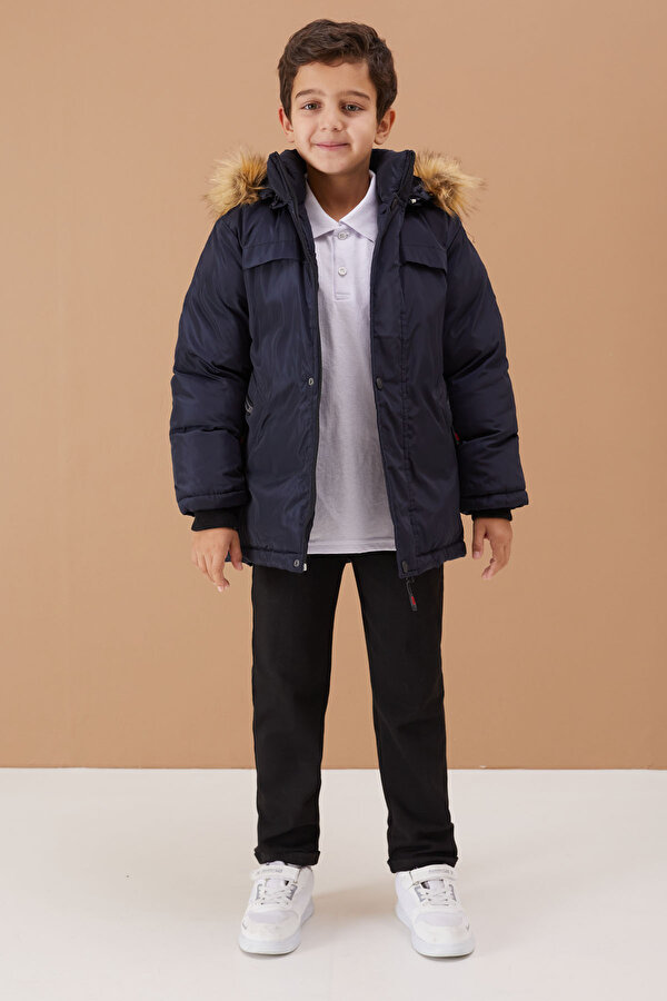 Cansın Mini Lacivert Kürklü Kapüşonlu Yazı Şeritli Erkek Çocuk Şişme Mont 19073