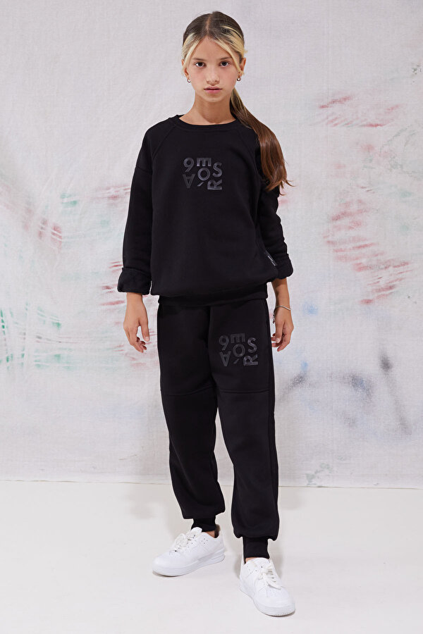 Cansın Mini Siyah Yazı Baskılı Bisiklet Yaka Kız Çocuk Şardonlu Eşofman Takımı 19342