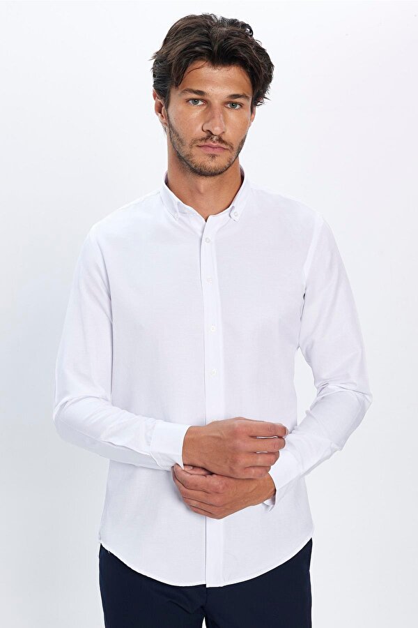 Tudors Erkek Slim Fit Dar Kesim Uzun Kollu Pamuklu Kolay Ütü Beyaz Düğmeli Yaka Gömlek