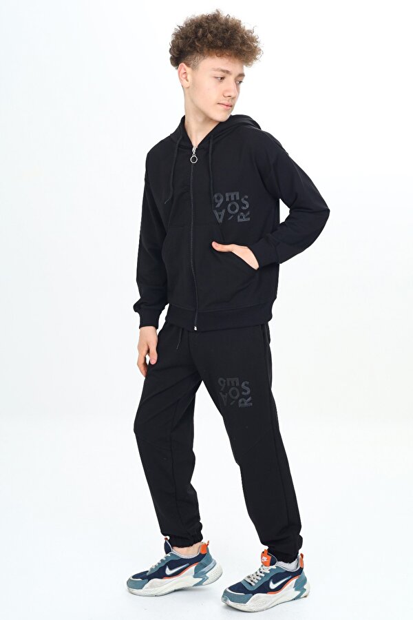 Cansın Mini Siyah Yazı Baskılı Kapüşonlu Hırkalı Erkek Çocuk Eşofman Takımı 19226