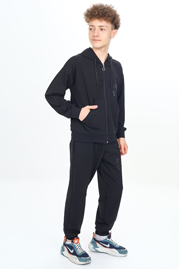 Cansın Mini Siyah Yazı Baskılı Kapüşonlu Hırkalı Erkek Çocuk Eşofman Takımı 19226