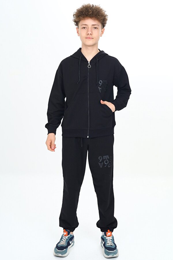 Cansın Mini Siyah Yazı Baskılı Kapüşonlu Hırkalı Erkek Çocuk Eşofman Takımı 19226