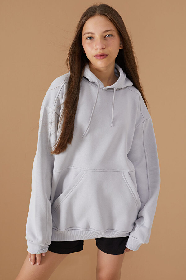 Cansın Mini Kız Çocuk Gri Basic Uzun Kol Şardonlu Kapüşonlu Sweatshirt 19191