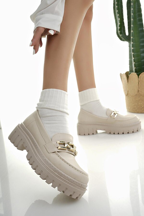 Muggo SAMANTHA Garantili Kadın Loafer Kalın Taban Tokalı Günlük Casual Makosen Ayakkabı