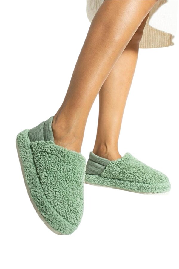 Liger Kadın Lastikli Kaymaz Taban Peluş Havlu Kumaş Ev Ayakkabısı Panduf YEŞİL