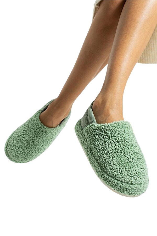 Liger Kadın Lastikli Kaymaz Taban Peluş Havlu Kumaş Ev Ayakkabısı Panduf YEŞİL