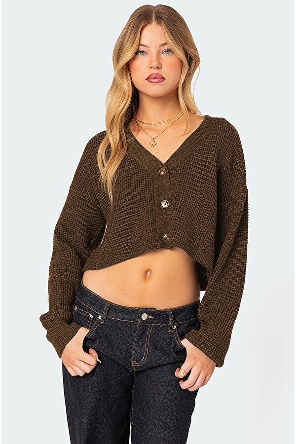 Madmext Kahverengi Uzun Kollu Düğmeli Crop Hırka MG2198