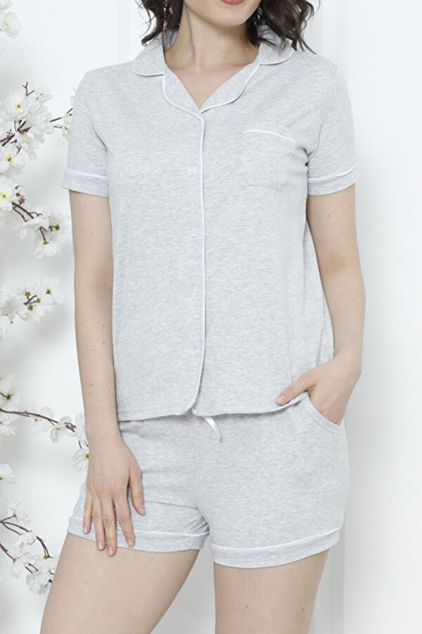 NICOLETTA Kadın Şortlu Pijama Takımı Kısa Kollu Düğmeli Cepli Pamuk TAŞ
