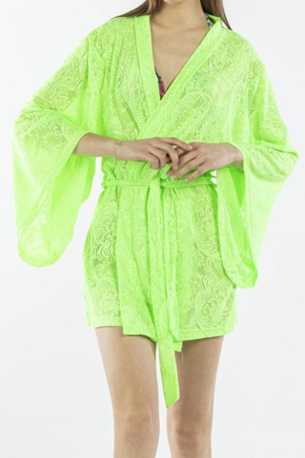 NICOLETTA Kadın Pareo Kaftan Sabahlık Dantelli Yeşil