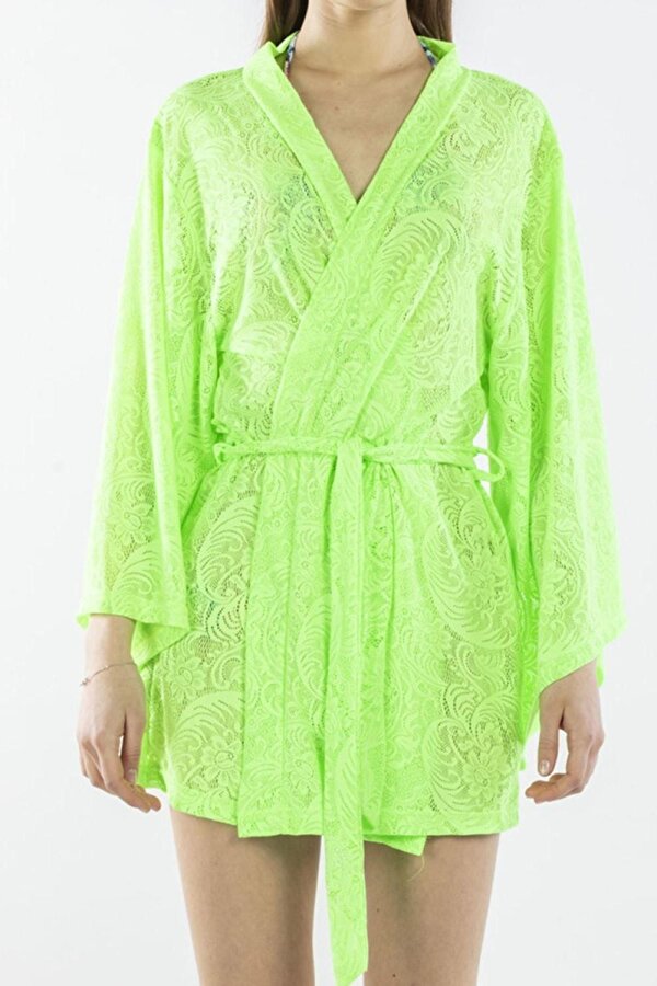 NICOLETTA Kadın Pareo Kaftan Sabahlık Dantelli Yeşil