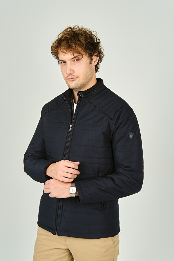 Lucas Erkek Dik Yaka Deri Biyeli Çift Cepli Mont 4707 Lacivert