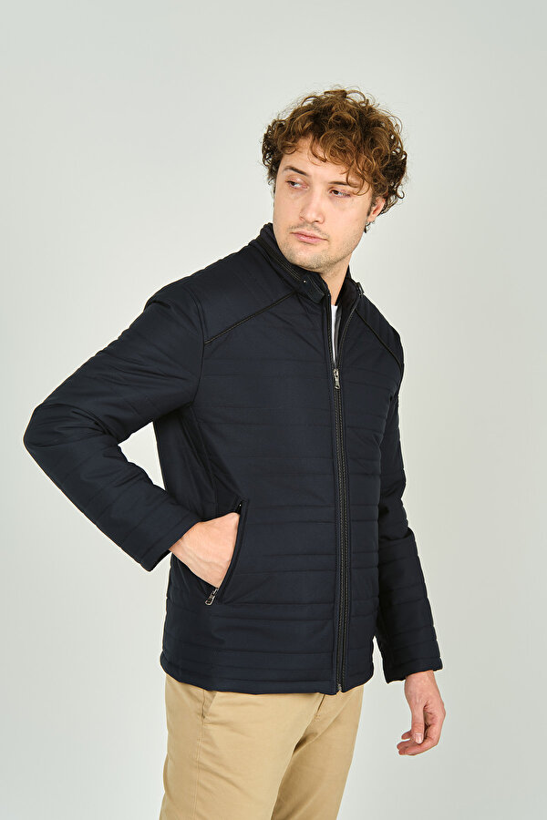 Lucas Erkek Dik Yaka Deri Biyeli Çift Cepli Mont 4707 Lacivert