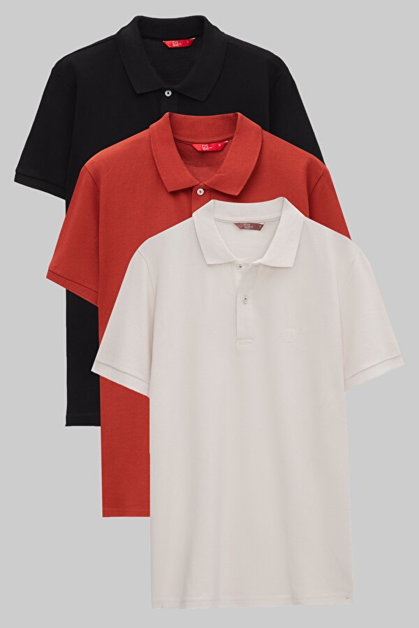 D'S damat Ds Damat Regular Fit Siyah/Kiremit/Taş Pike Dokulu %100 Pamuk Polo Yaka T-Shirt