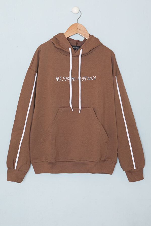 Cansın Mini Kahverengi Baskılı Erkek Çocuk Şeritli Kapüşonlu Sweatshirt 19218