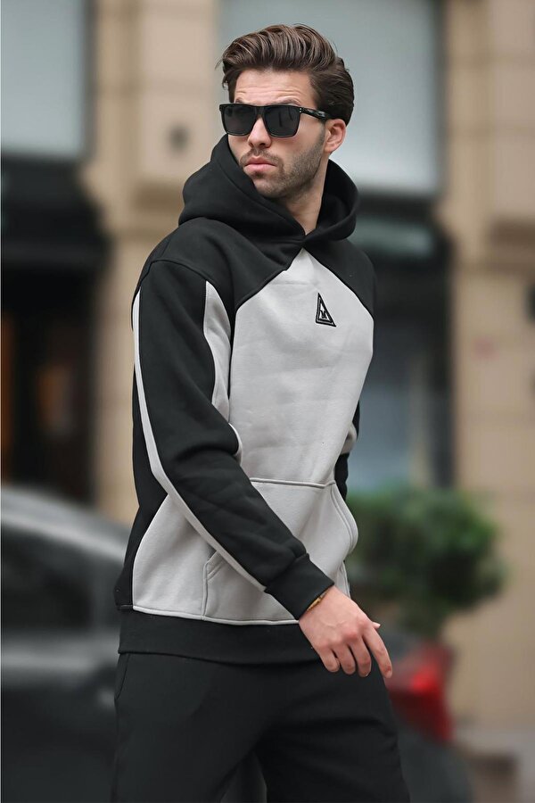 Madmext Siyah Kapüşonlu Cep Detaylı Nakışlı Sweatshirt E7085