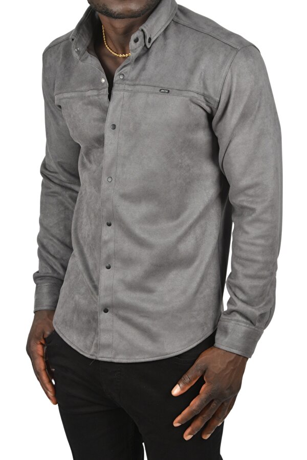 Deep Sea DeepSEA Erkek Füme Likralı Çıtçıtlı Kırışmayan Süet Kumaş Slim Fit Cepsiz Mevsimlik Gömlek 2500556