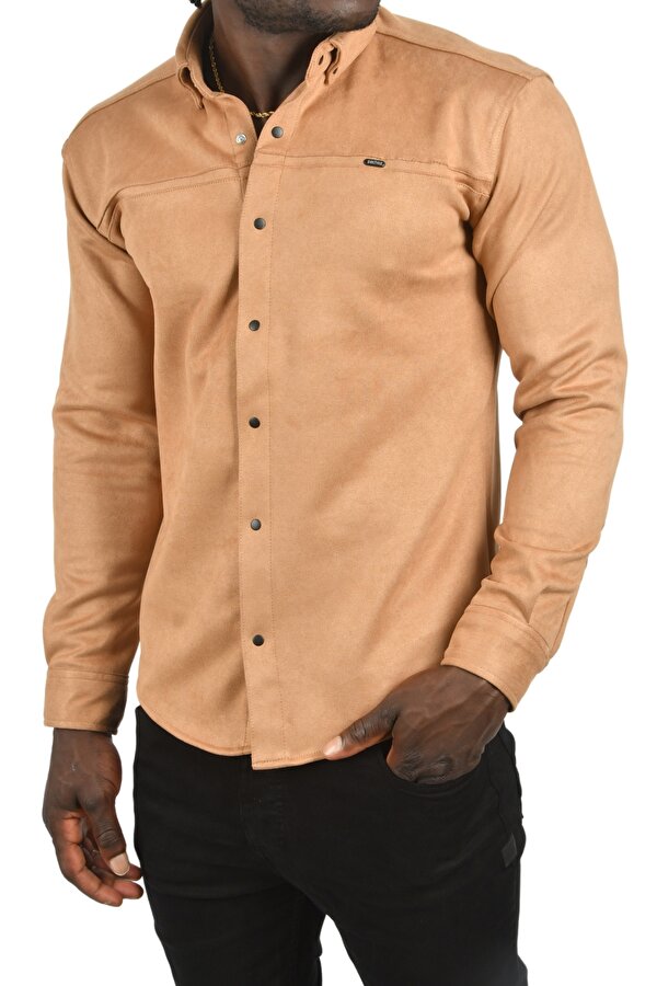 Deep Sea DeepSEA Erkek Camel Likralı Çıtçıtlı Kırışmayan Süet Kumaş Slim Fit Cepsiz Mevsimlik Gömlek 2500556