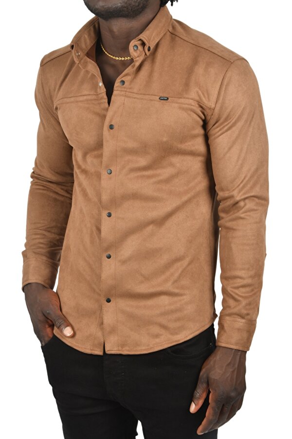 Deep Sea DeepSEA Erkek Açık Kahve Likralı Çıtçıtlı Kırışmayan Süet Kumaş Slim Fit Cepsiz Mevsimlik Gömlek 2500556