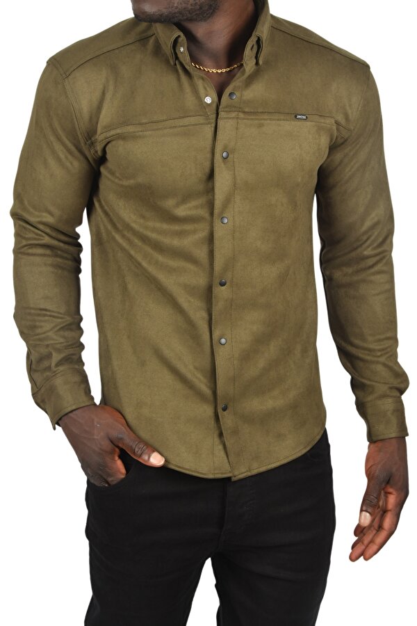 Deep Sea DeepSEA Erkek Haki Likralı Çıtçıtlı Kırışmayan Süet Kumaş Slim Fit Cepsiz Mevsimlik Gömlek 2500556