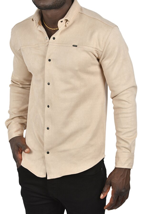 Deep Sea DeepSEA Erkek Krem Likralı Çıtçıtlı Kırışmayan Süet Kumaş Slim Fit Cepsiz Mevsimlik Gömlek 2500556