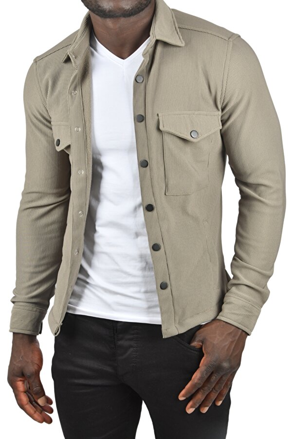 Deep Sea DeepSEA Erkek Haki Örme Kumaş Gömlek Yaka Cepli Çıtçıtlı Slim Fit Spor Ceket 2500558
