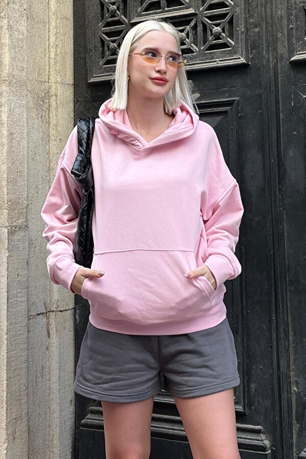 Madmext Pembe Oversize Cepli Sweatshirt MG2207