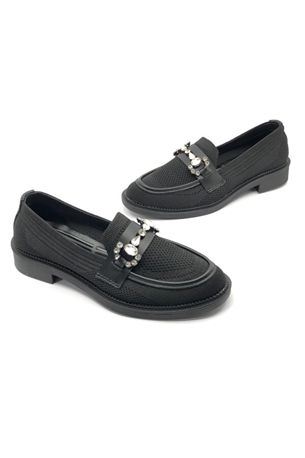 Feles Toka Taş Detaylı Triko Loafer Kadın Babet Ayakkabı