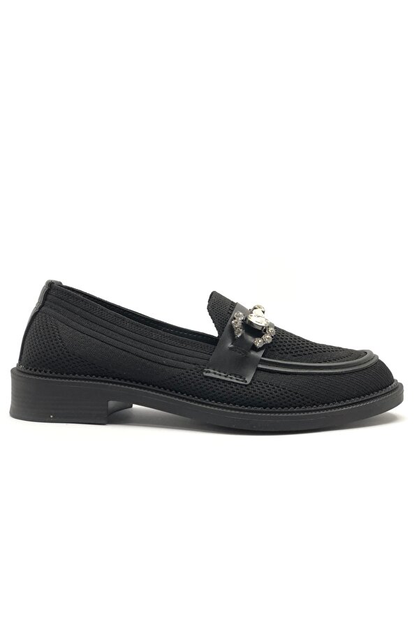 Feles Toka Taş Detaylı Triko Loafer Kadın Babet Ayakkabı