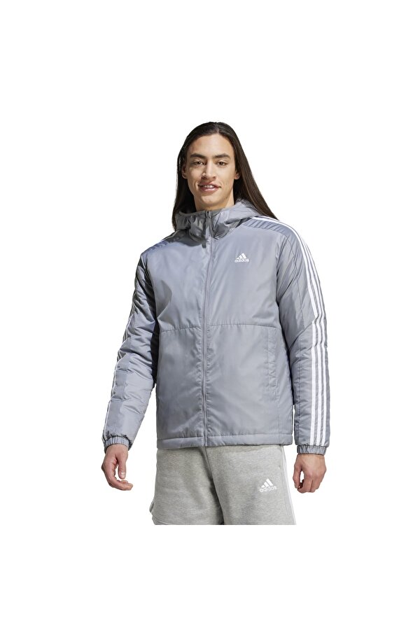 adidas Essentials 3 Stripes Ins Ho Erkek Gri Kapüşonlu Mont