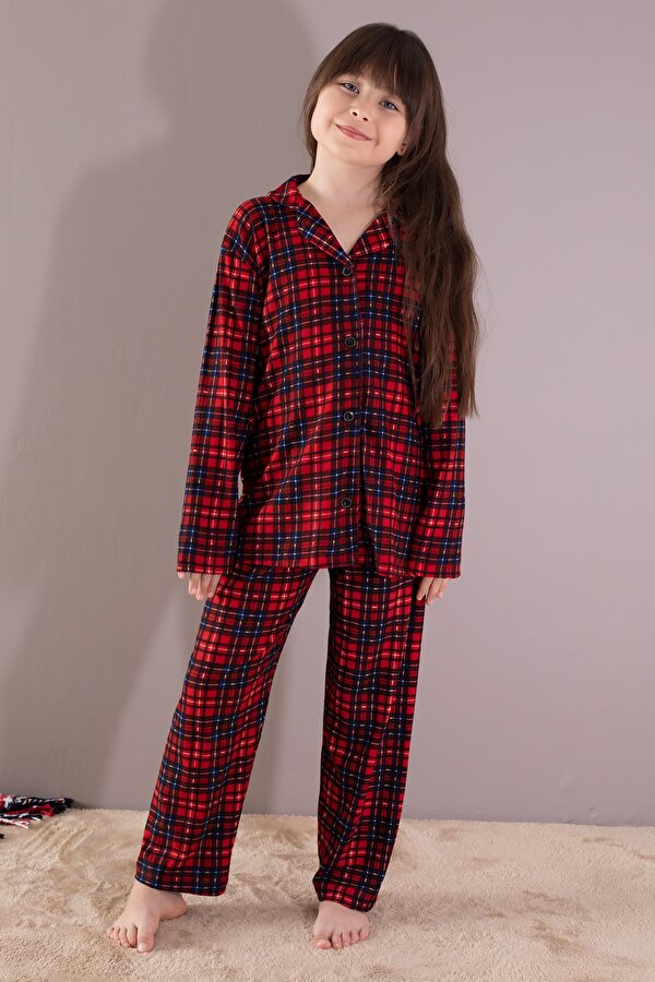 Cansın Mini Kırmızı Ekose Desenli Düğmeli Kız Çocuk Pijama Takımı 19791