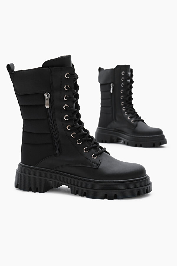 Tonny Black Kadın Siyah Cilt Termo Taban Nakışlı Dilim Desenli Cırtlı Bağcıklı ve Fermuarlı Bot