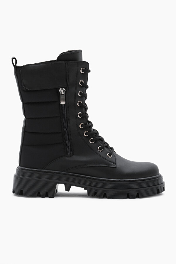 Tonny Black Kadın Siyah Cilt Termo Taban Nakışlı Dilim Desenli Cırtlı Bağcıklı ve Fermuarlı Bot