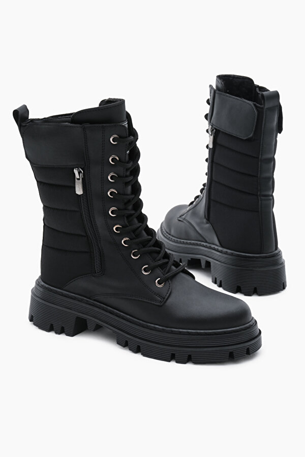 Tonny Black Kadın Siyah Cilt Termo Taban Nakışlı Dilim Desenli Cırtlı Bağcıklı ve Fermuarlı Bot