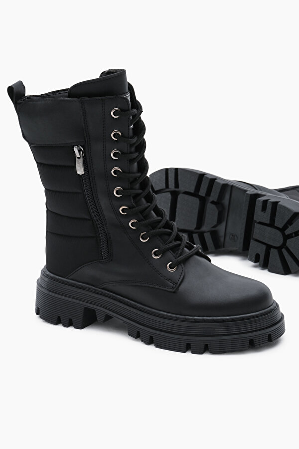 Tonny Black Kadın Siyah Cilt Termo Taban Nakışlı Dilim Desenli Cırtlı Bağcıklı ve Fermuarlı Bot