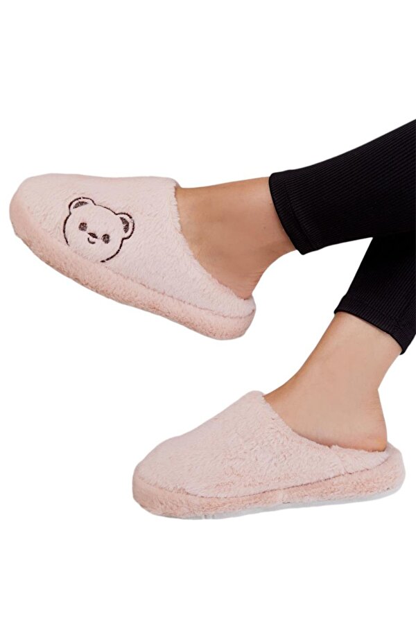 Liger Önü Kapalı Ayıcık Baskılı Peluş Kadın Ev Terliği PUDRA