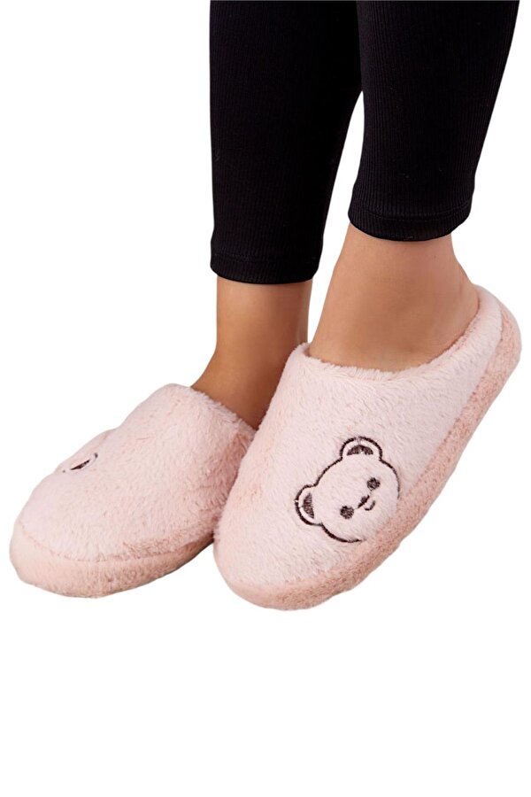 Liger Önü Kapalı Ayıcık Baskılı Peluş Kadın Ev Terliği PUDRA