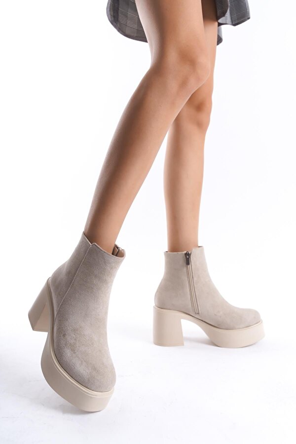 Modabuymuş Hancez Ten Süet Yüksek Kalın Platform Topuklu Bot